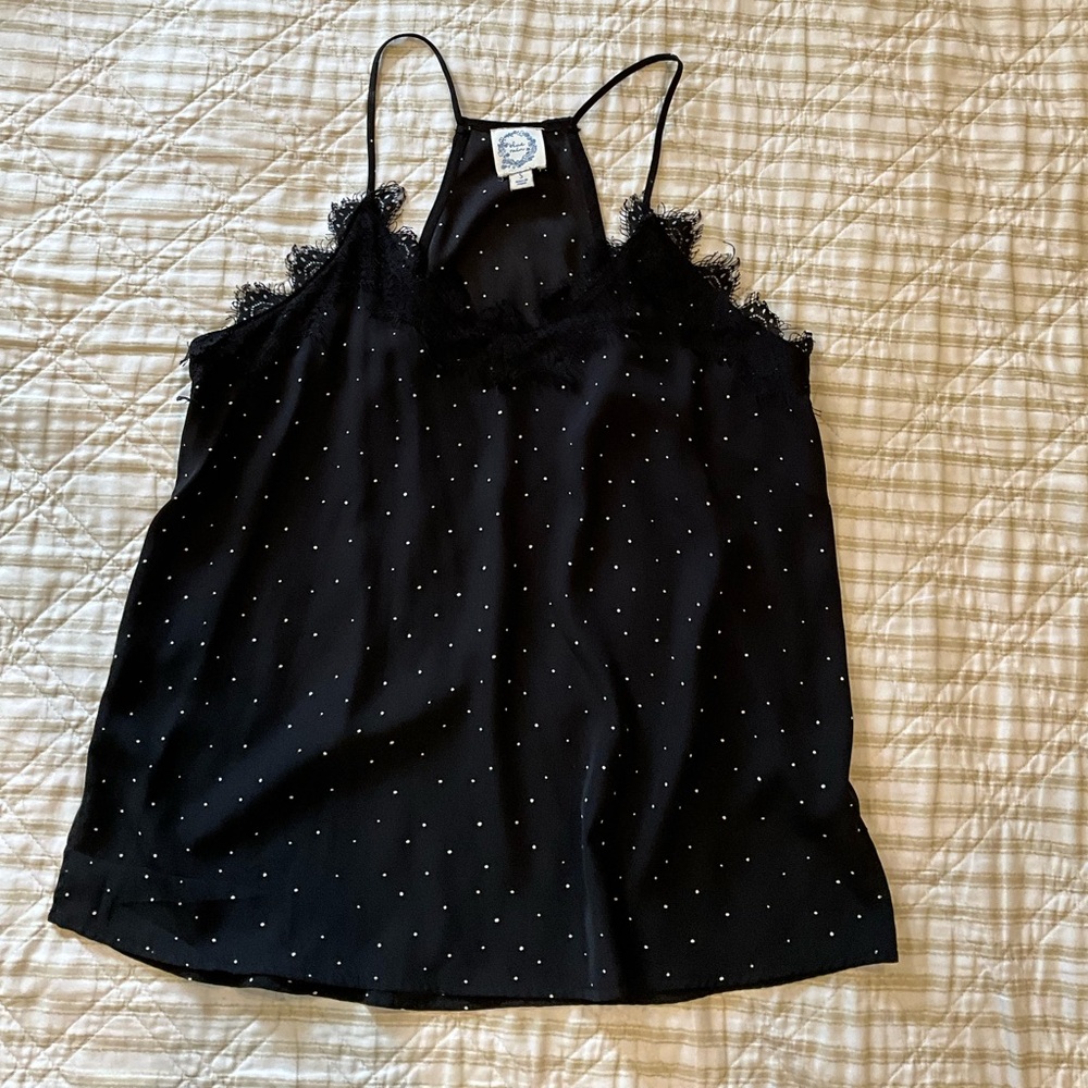Blue rain black lace trim poka dot camisole small